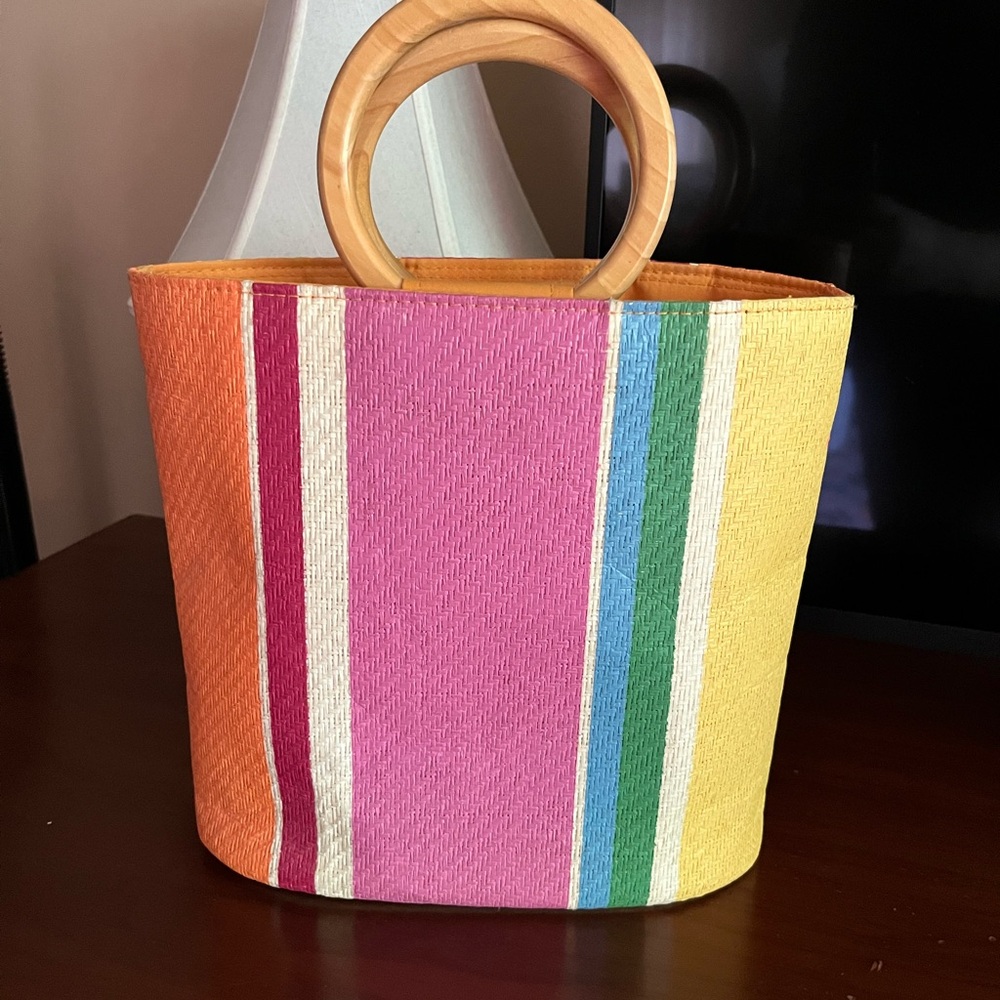 Bath & Body Works Vibrant Striped Tote with Wooden Handles